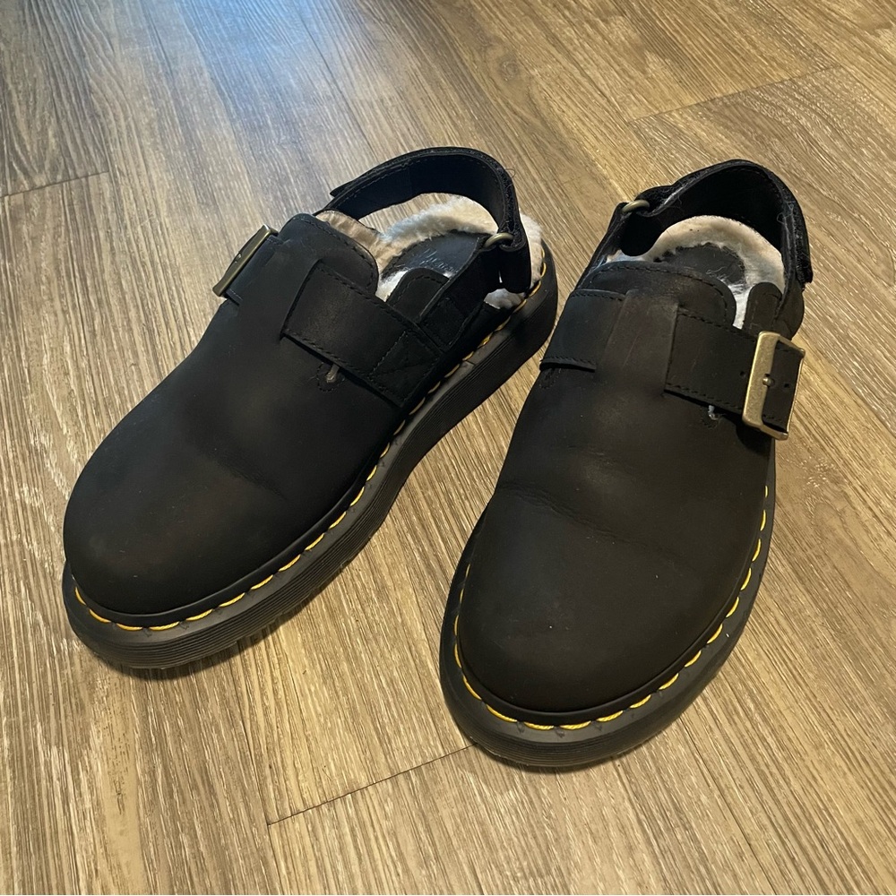 Dr. Martens Black Jorge II Faux Fur Lined nubuck slingback mules in US M6/ EU 38